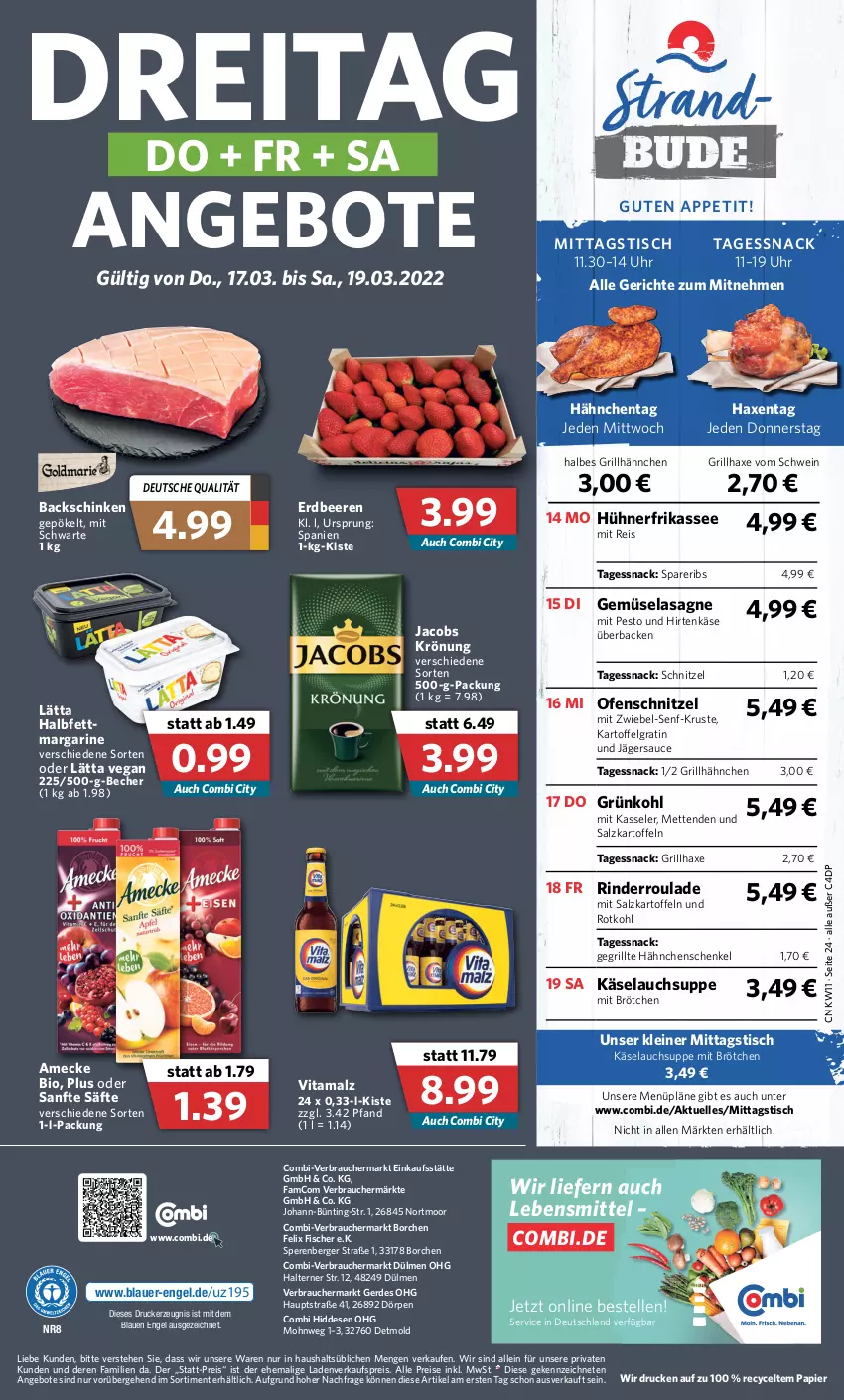 Aktueller Prospekt Combi - Prospekte - von 14.03 bis 19.03.2022 - strona 24 - produkty: amecke, angebot, angebote, auer, axe, Becher, beere, beeren, Berger, bio, brötchen, drucker, eis, elle, Engel, erdbeere, erdbeeren, erde, felix, fisch, fische, Fischer, Gegrillte Hähnchenschenkel, grill, grillhähnchen, grillhaxe, hähnchenschenkel, Haxe, henkel, hirtenkäse, hühner, jacobs, jacobs krönung, kartoffel, kartoffeln, Käse, kasseler, kerze, lasagne, lätta, lebensmittel, leine, LG, malz, margarine, Mett, metten, Mettenden, nerf, Ofen, papier, pesto, Rauch, reis, rind, rinder, Rinderroulade, rotkohl, säfte, salz, sauce, schenkel, schinken, schnitzel, schwein, senf, snack, spareribs, suppe, Ti, tisch, uhr, vita, vitamalz, wein, zwiebel