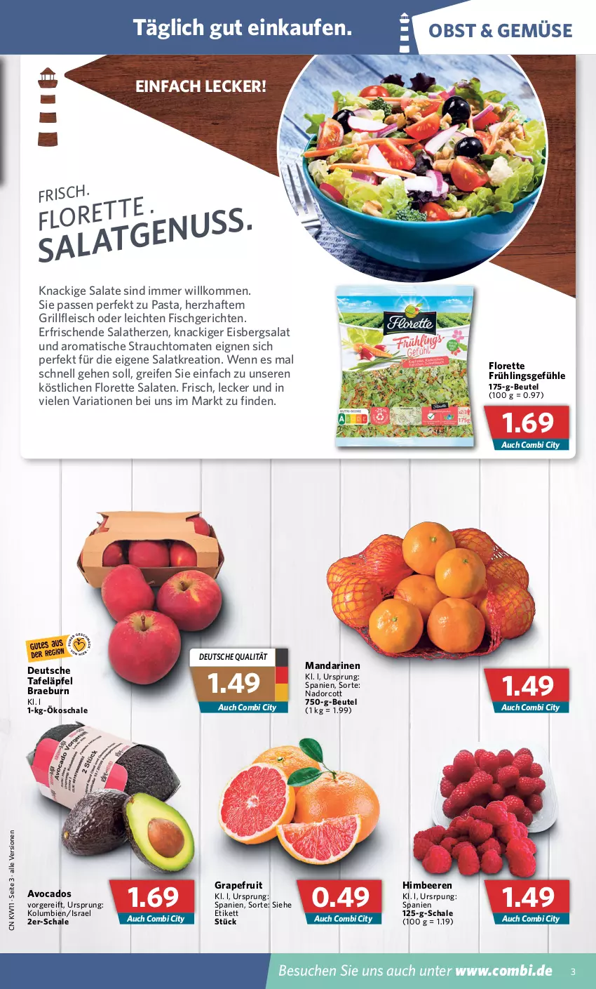 Aktueller Prospekt Combi - Prospekte - von 14.03 bis 19.03.2022 - strona 3 - produkty: avocado, avocados, beere, beeren, beutel, eis, eisbergsalat, fisch, fleisch, florette, grapefruit, grill, himbeer, himbeere, himbeeren, mandarine, mandarinen, obst, pasta, Rauch, reifen, Ria, salat, salate, salatherzen, Schal, Schale, strauchtomaten, tafeläpfel, Ti, tisch, tomate, tomaten