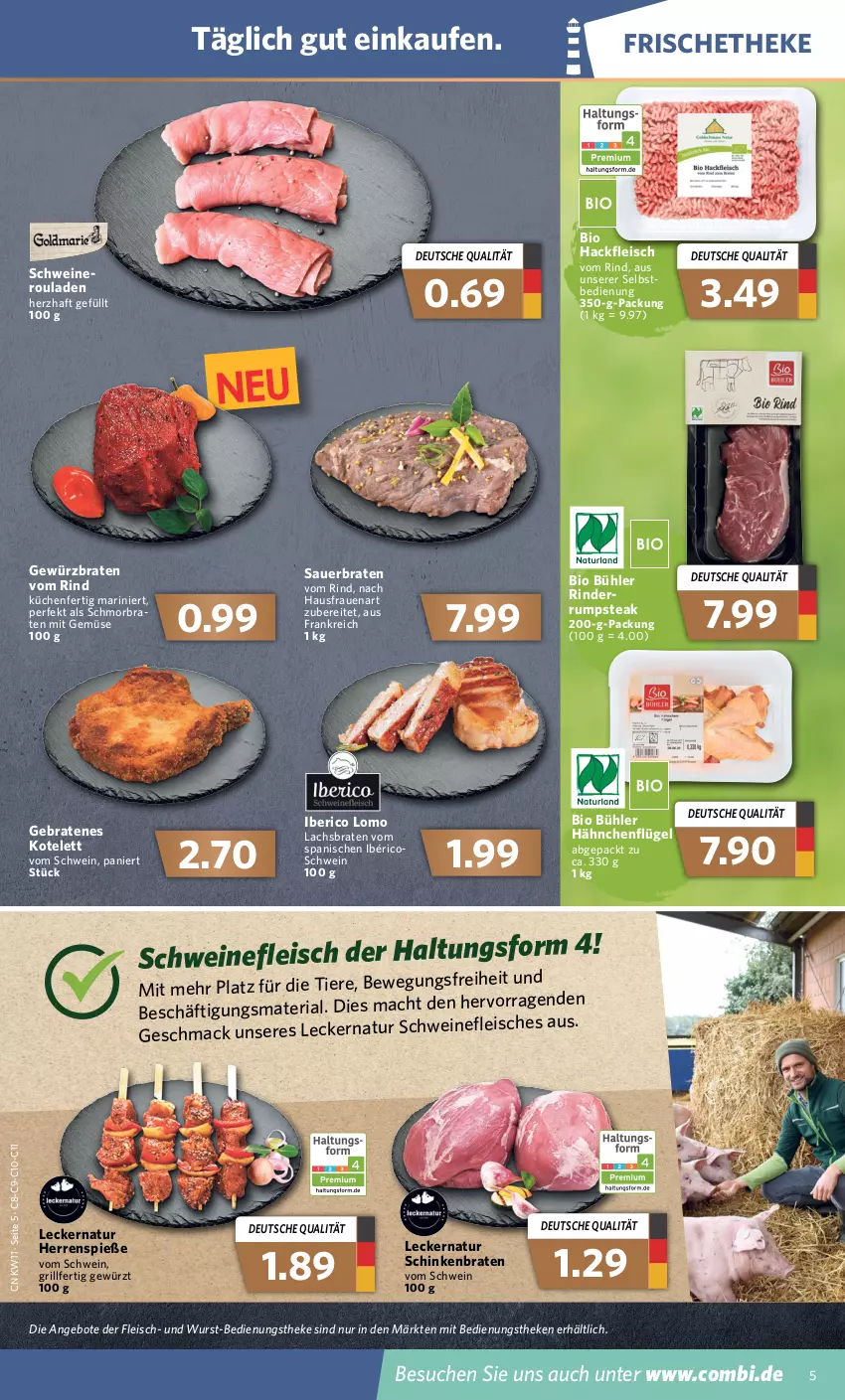 Aktueller Prospekt Combi - Prospekte - von 14.03 bis 19.03.2022 - strona 5 - produkty: angebot, angebote, auer, bio, braten, eis, fleisch, gewürz, grill, hackfleisch, hähnchenflügel, kotelett, küche, Küchen, lachs, Lachsbraten, mac, mit gemüse, natur, Ria, rind, rinder, rouladen, rum, rumpsteak, schinken, schinkenbraten, schmorbraten, schwein, schweine, schweinefleisch, steak, Ti, Tiere, wein, weine, wurst