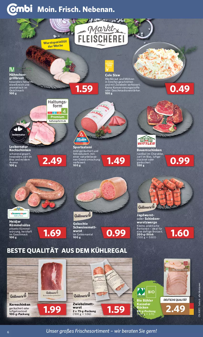 Aktueller Prospekt Combi - Prospekte - von 14.03 bis 19.03.2022 - strona 6 - produkty: auer, aus dem kühlregal, Bau, Bauer, Bauernschinken, bio, brot, gelee, gewürz, Gewürzmischung, grill, jagdwurst, kasseler, kernschinken, kochschinken, Kraut, kühlregal, leine, mac, Mantel, Mett, mit zwiebeln, möhren, natur, regal, reifen, salami, schinken, schnitten, schwein, schweine, schweinemett, Spezi, Sport, Ti, tisch, wein, weine, wurst, zwiebel, zwiebeln