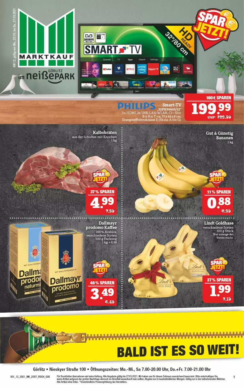 Aktueller Prospekt Marktkauf - Prospekt - von 21.03 bis 27.03.2021 - strona 1 - produkty: angebot, angebote, banane, bananen, braten, dallmayr, eis, elle, ente, fisch, HDMI, kaffee, lindt, netflix, prodomo, reis, teller, Ti, uhr, usb