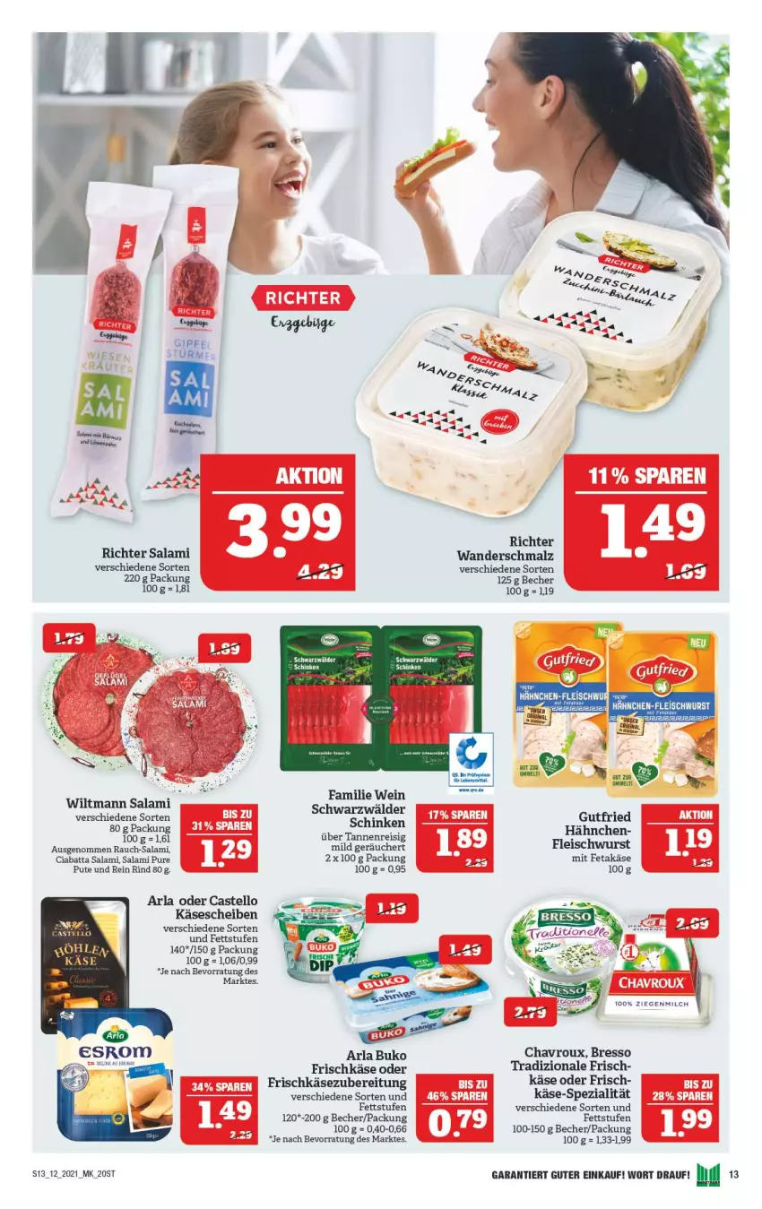 Aktueller Prospekt Marktkauf - Prospekt - von 21.03 bis 27.03.2021 - strona 13 - produkty: arla, arla buko, Becher, bresso, Buko, chavroux, ciabatta, eis, feta, fleisch, fleischwurst, frischkäse, gutfried, Käse, käsescheiben, malz, milch, pute, Rauch, reis, rind, salami, schinken, Schmalz, schwarzwälder schinken, Spezi, Ti, tradizionale, wein, wiltmann, wurst