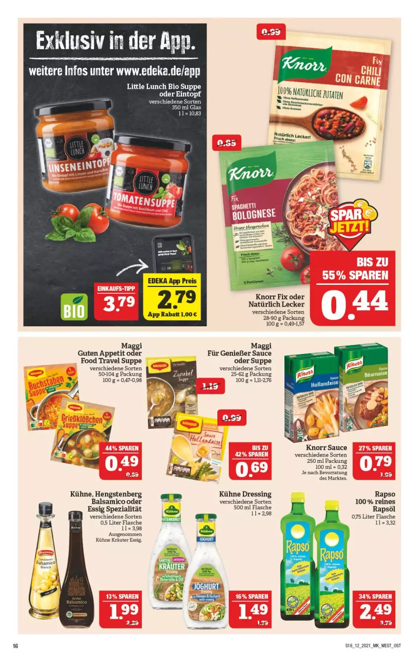 Aktueller Prospekt Marktkauf - Prospekt - von 21.03 bis 27.03.2021 - strona 16 - produkty: balsam, balsamico, balsamico bianco, bio, deka, dressing, eintopf, eis, essig, flasche, hengstenberg, knorr, knorr fix, kräuter, Kräuter Essig, Kühne, maggi, rapso, rapsöl, reines rapsöl, reis, sauce, Spezi, suppe, Ti, topf