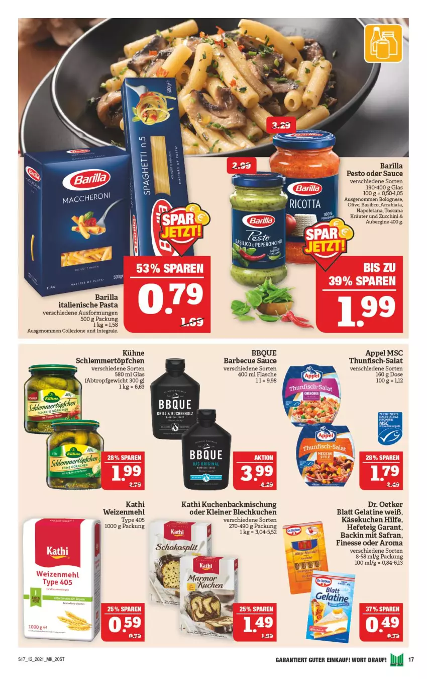 Aktueller Prospekt Marktkauf - Prospekt - von 21.03 bis 27.03.2021 - strona 17 - produkty: aubergine, backmischung, barbecue, barilla, basilico, bolognese, Dr. Oetker, finesse, fisch, flasche, gelatine, gin, Hefe, italienische pasta, Käse, käsekuchen, kräuter, kuchen, Kühne, leine, mehl, olive, pasta, pesto, Safran, salat, sauce, schlemmertöpfchen, spaghetti, thunfisch, Ti, Töpfchen, type 405, weizenmehl, zucchini