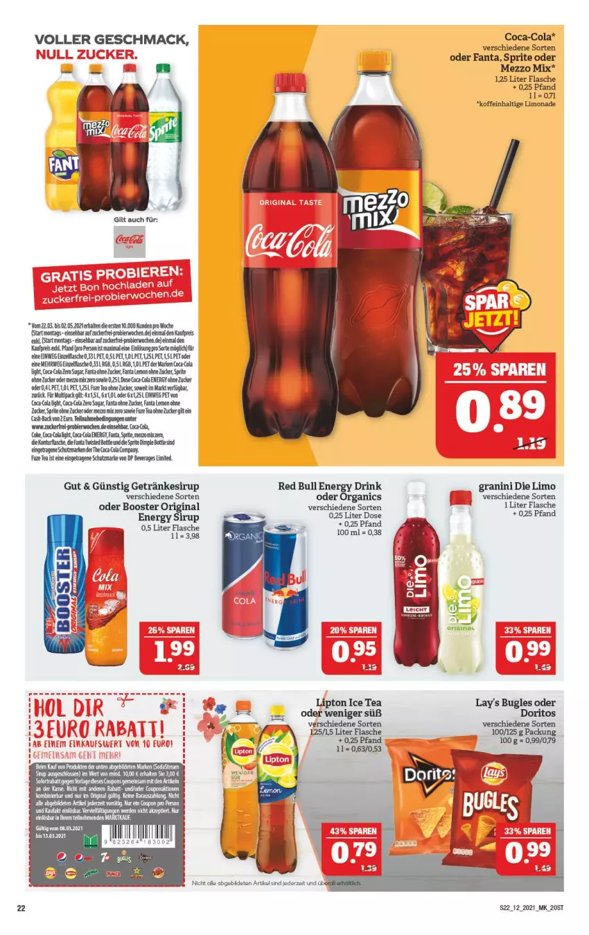 Aktueller Prospekt Marktkauf - Prospekt - von 21.03 bis 27.03.2021 - strona 22 - produkty: bier, bugles, coca-cola, cola, coupon, Doritos, drink, eis, energy drink, erde, fanta, flasche, fuze tea, getränk, getränke, getränkesirup, gin, granini, granini die limo, ice tea, limo, limonade, lipton, lipton ice tea, mac, Mezzo Mix, red bull, reis, rwe, sirup, sprite, Tasche, Ti, zucker