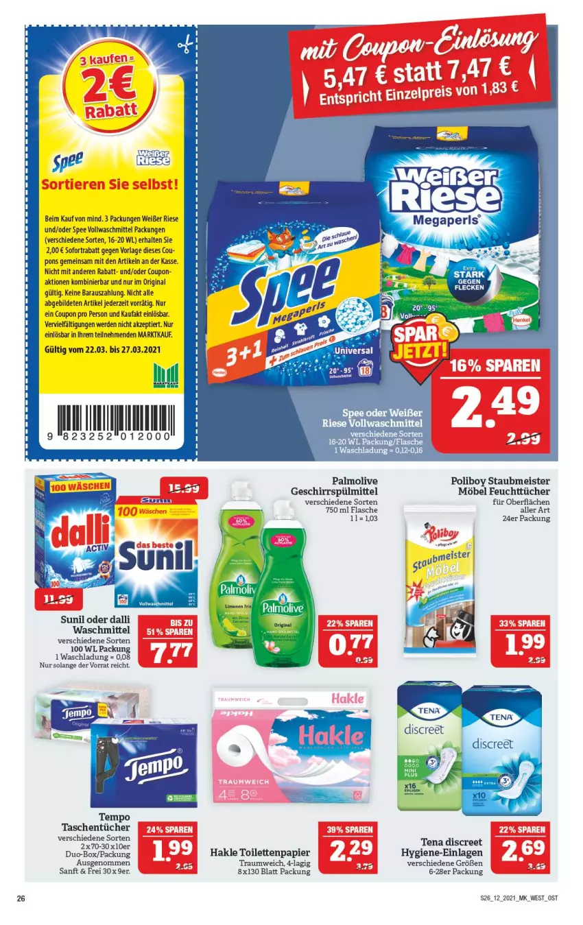 Aktueller Prospekt Marktkauf - Prospekt - von 21.03 bis 27.03.2021 - strona 26 - produkty: coupon, dalli, Discreet, eis, erde, feuchttücher, flasche, geschirr, geschirrspülmittel, gin, hakle, hakle toilettenpapier, Meister, möbel, olive, palmolive, papier, sofortrabatt, spee, spülmittel, sunil, Tasche, taschen, taschentücher, Tempo, Ti, toilettenpapier, tücher, vollwaschmittel, waschmittel