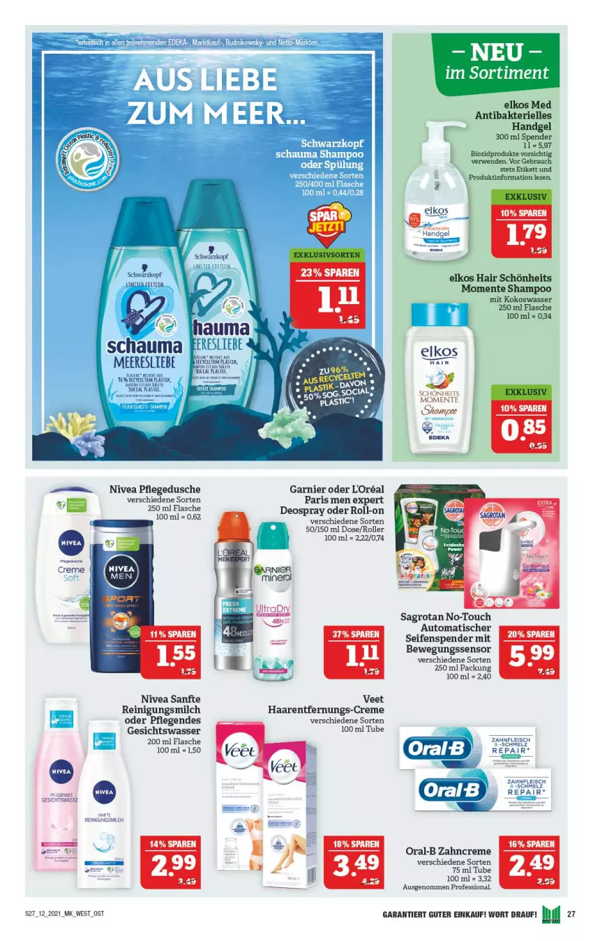 Aktueller Prospekt Marktkauf - Prospekt - von 21.03 bis 27.03.2021 - strona 27 - produkty: asti, auto, Bewegungssensor, bio, biozidprodukte, creme, deo, deospray, dusche, eis, elkos, elle, ente, flasche, fleisch, garnier, Gesichtswasser, Haarentfernung, Haarentfernungs-Creme, kokos, Kokoswasser, milch, nivea, oral-b, pflegedusche, Rauch, Reinigung, Reinigungsmilch, roll-on, Roller, rwe, sagrotan, Seife, seifenspender, shampoo, Ti, tisch, veet, wasser, zahncreme