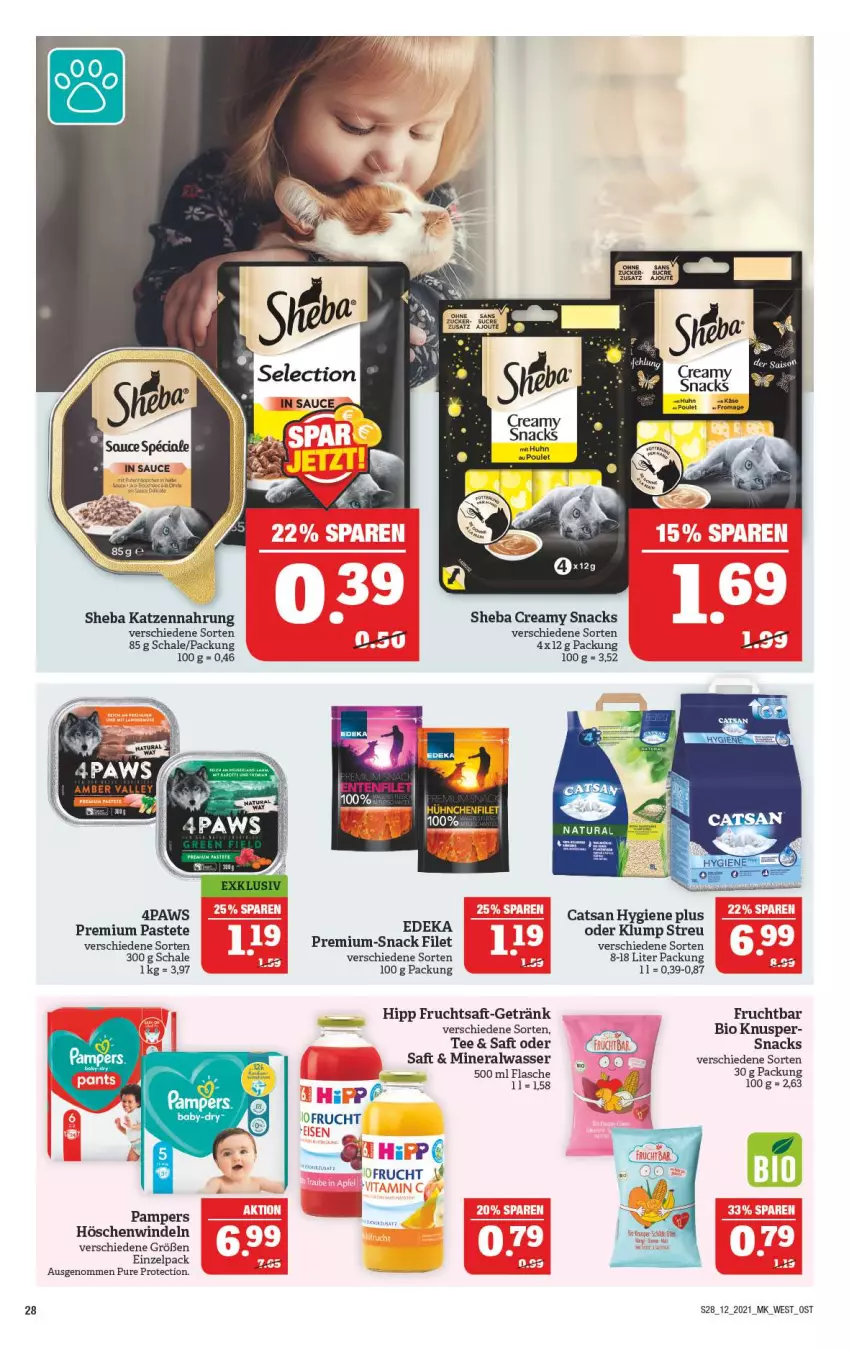 Aktueller Prospekt Marktkauf - Prospekt - von 21.03 bis 27.03.2021 - strona 28 - produkty: Alwa, bio, catsan, deka, filet, flasche, frucht, fruchtsaft, getränk, hipp, Käse, katzennahrung, mineralwasser, natur, natura, pampers, pastete, saft, Schal, Schale, sheba, snack, snacks, tee, Ti, wasser, windeln, zucker