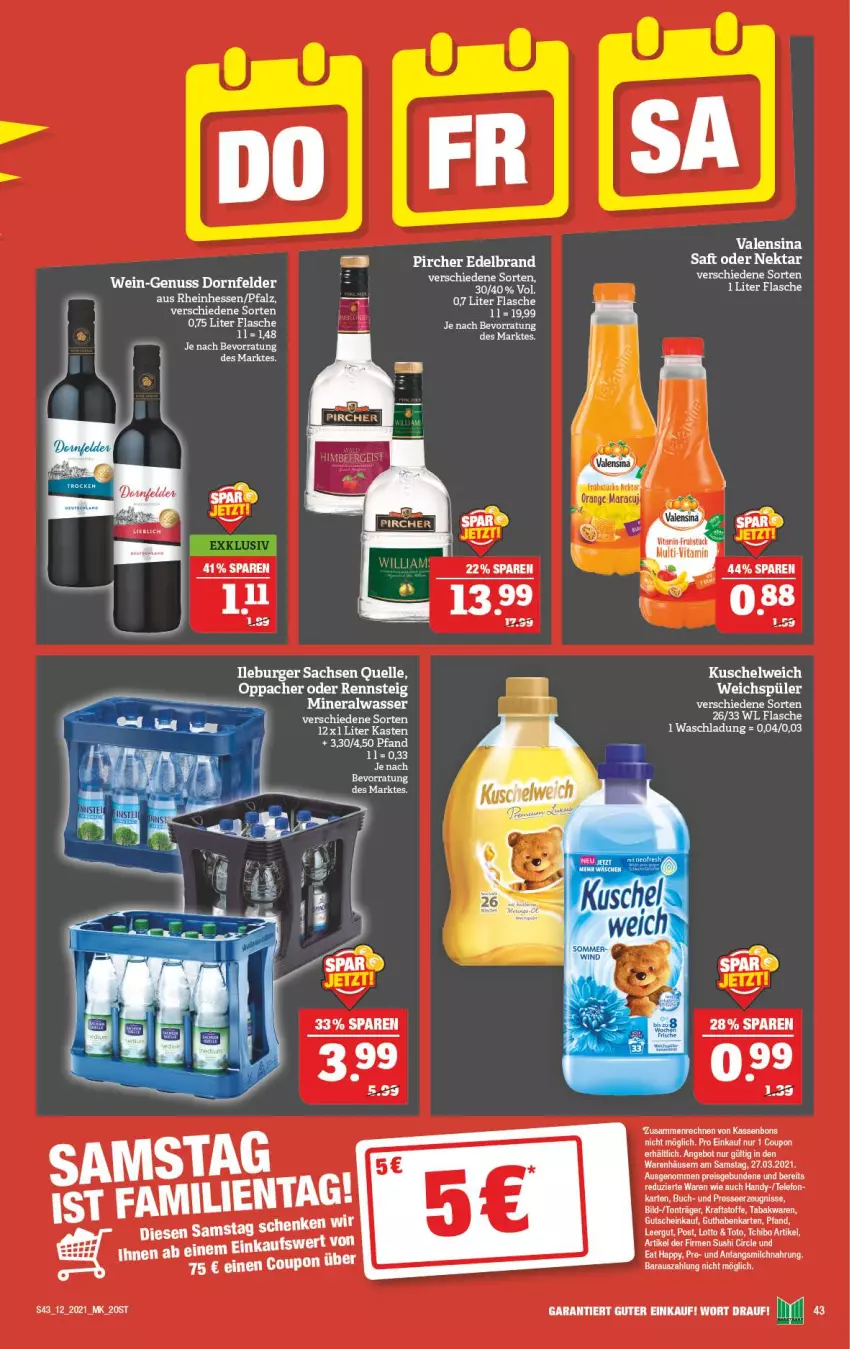 Aktueller Prospekt Marktkauf - Prospekt - von 21.03 bis 27.03.2021 - strona 43 - produkty: Alwa, buch, burger, coupon, dornfelder, eis, elle, ente, flasche, guthabenkarte, gutschein, Handy, mineralwasser, Nektar, nuss, orange, pircher, reis, sac, Sushi, telefon, Ti, tuc, valensina, vita, wasser, wein