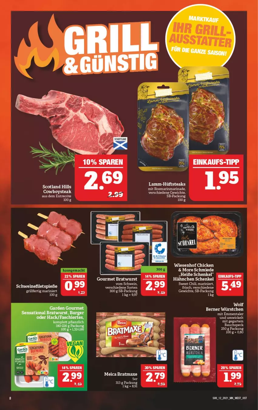 Aktueller Prospekt Marktkauf - Prospekt - von 21.03 bis 27.03.2021 - strona 8 - produkty: axe, Bau, bratmaxe, bratwurst, filet, filets, garden gourmet, henkel, lamm, marinade, meica, rosmarin, schenkel, schwein, schweine, schweinefilet, Speck, steak, steaks, wein, weine, WICK, wiesenhof, wurst