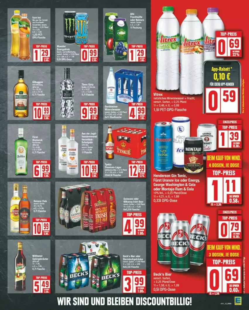 Aktueller Prospekt Edeka - Prospekte - von 11.03 bis 16.03.2024 - strona 13 - produkty: Alwa, beck's, bier, cola, eis, enders, flasche, frucht, gin, mineralwasser, natürliches mineralwasser, reis, rum, Ti, tonic, top-preis, wasser