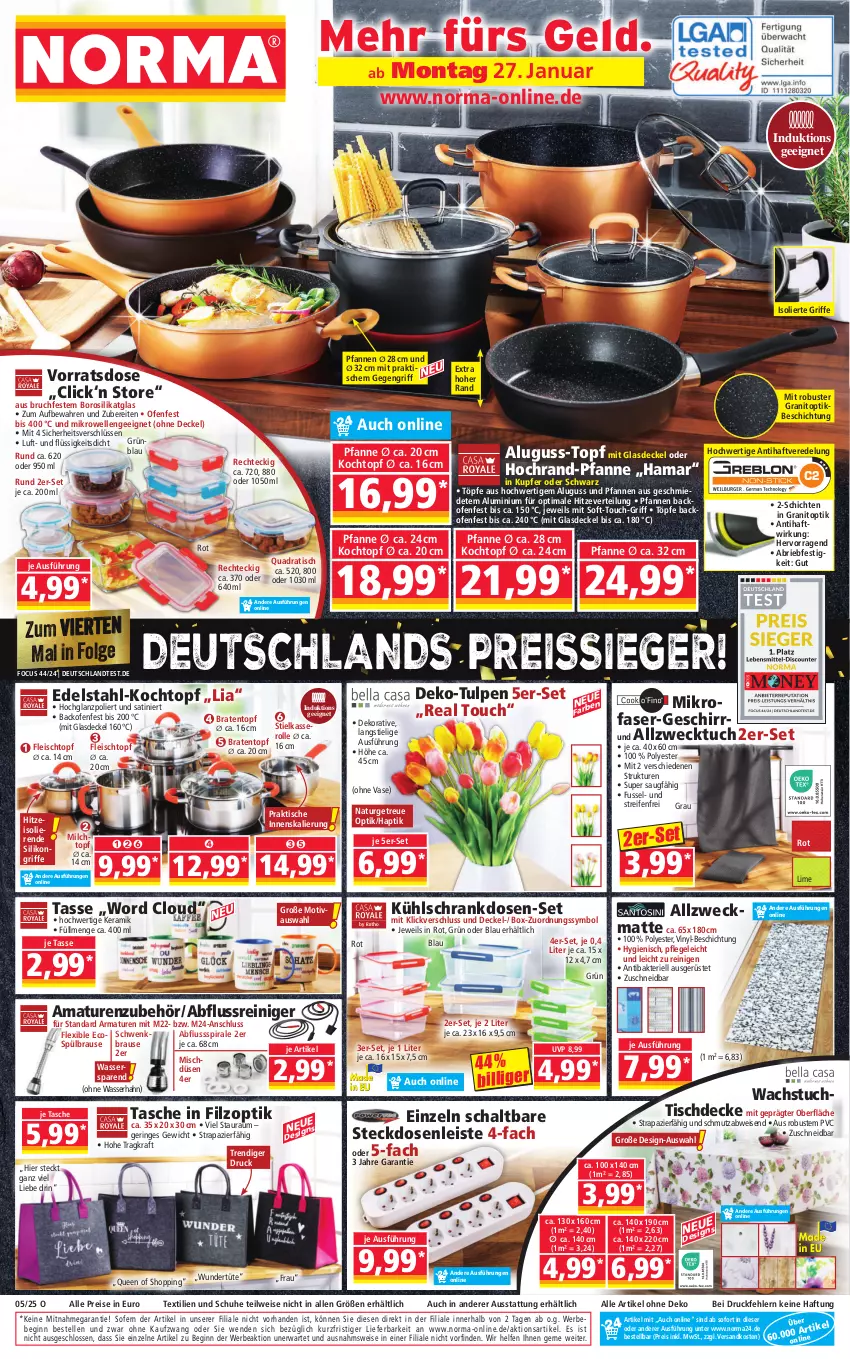 Aktueller Prospekt Norma - Norma - von 27.01 bis 03.02.2025 - strona 1 - produkty: armatur, armaturen, backofen, Bebe, braten, Bratentopf, brause, brie, decke, Deckel, edelstahl, eis, elle, fleisch, Fleischtopf, geschirr, gin, Glasdeckel, hama, hochglanz, Kochtopf, kraft, kühlschrank, LG, mikrofaser, mikrowelle, milch, natur, ndk, Ofen, pfanne, pfannen, quad, reifen, reiniger, reis, reiss, ring, Schal, Schrank, schuhe, steckdose, Steckdosenleiste, Tasche, tasse, Ti, tisch, tischdecke, topf, tuc, Tüte, und pfanne, Vase, wachstuch, wasser, weck