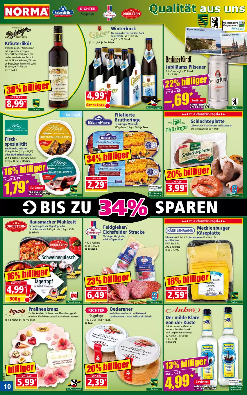 Aktueller Prospekt Norma - Norma - von 27.01 bis 03.02.2025 - strona 10 - produkty: Becher, Bratheringe, burger, edamer, eis, filet, Filetierte Bratheringe, fisch, flasche, fleisch, frühstücksfleisch, gewürz, gin, gulasch, Hausmacher, hering, Herings, Heringshappen, Jubiläums, Käse, knoblauch, Kranz, kräuter, kräutern, Kreide, kühlregal, landleberwurst, latte, leberwurst, likör, lorenz, Maasdam, maasdamer, mac, marinade, nudel, nudeln, pils, pilsener, pralinen, regal, rezept, ring, Rotwurst, Schal, Schale, schinken, schwein, schweine, schweinegulasch, Spezi, Ti, tisch, topf, wein, weine, wurst