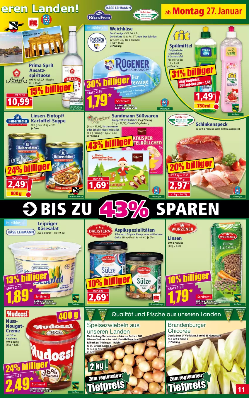 Aktueller Prospekt Norma - Norma - von 27.01 bis 03.02.2025 - strona 11 - produkty: apfel, arla, Bau, Becher, Blüte, burger, creme, eintopf, eis, flasche, Garten, gin, grana, granatapfel, gurke, haselnuss, kartoffel, Käse, kühlregal, linsen, linsen-eintopf, mandel, milch, Nougatcreme, nuss, Rana, regal, reis, rezept, riegel, ring, sac, salat, schinken, schinkenspeck, schoko, Speck, Speisezwiebeln, Spezi, spülmittel, suppe, Ti, tiefpreis, topf, Waffelröllchen, weichkäse, zwiebel, zwiebeln