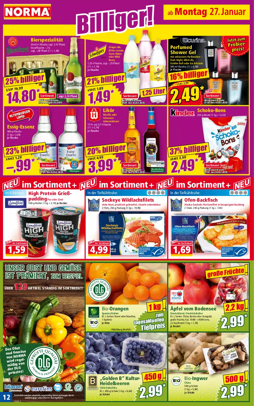 Aktueller Prospekt Norma - Norma - von 27.01 bis 03.02.2025 - strona 12 - produkty: Alaska-Seelachs, backfisch, Becher, beere, beeren, beutel, bier, bio, bitter lemon, bonita, eis, erde, essig, filet, filets, fisch, flasche, früchte, gin, ginger, ginger ale, Grießpudding, heidelbeere, heidelbeeren, ingwer, johannisbeere, kühlregal, lachs, lachsfilet, lachsfilets, LG, likör, navelina, obst, Obst und Gemüse, Ofen, ofen-backfisch, orange, orangen, pudding, regal, reis, Schal, Schale, schoko, schoko-bons, Spezi, Ti, tiefpreis, tisch, tonic, tonic water, und gemüse, Wild, wild berry, wildlachs