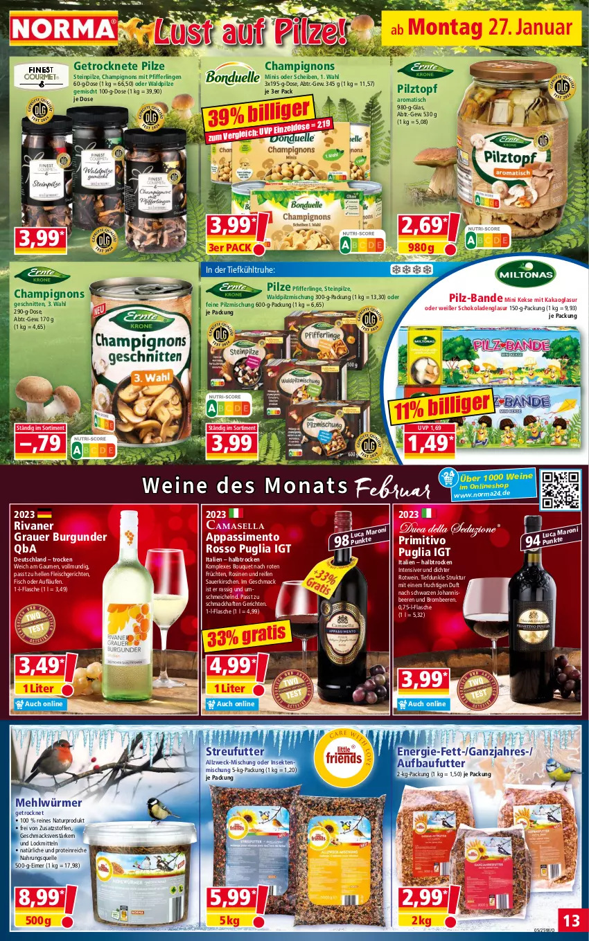 Aktueller Prospekt Norma - Norma - von 27.01 bis 03.02.2025 - strona 13 - produkty: auer, Bau, beere, beeren, brombeere, brombeeren, burgunder, champignon, champignons, eimer, eis, elle, fisch, flasche, fleisch, frucht, früchte, früchten, grauer burgunder, johannisbeere, Johannisbeeren, kakao, keks, kekse, kirsch, kirsche, kirschen, mac, mehl, natur, Pfifferlinge, pilze, Pilzmischung, primitivo, reifen, Rivaner, rotwein, sauerkirschen, schnitten, schoko, schokolade, schokoladen, sekt, sim, Steinpilze, Streufutter, Ti, tisch, topf, weck, wein, weine