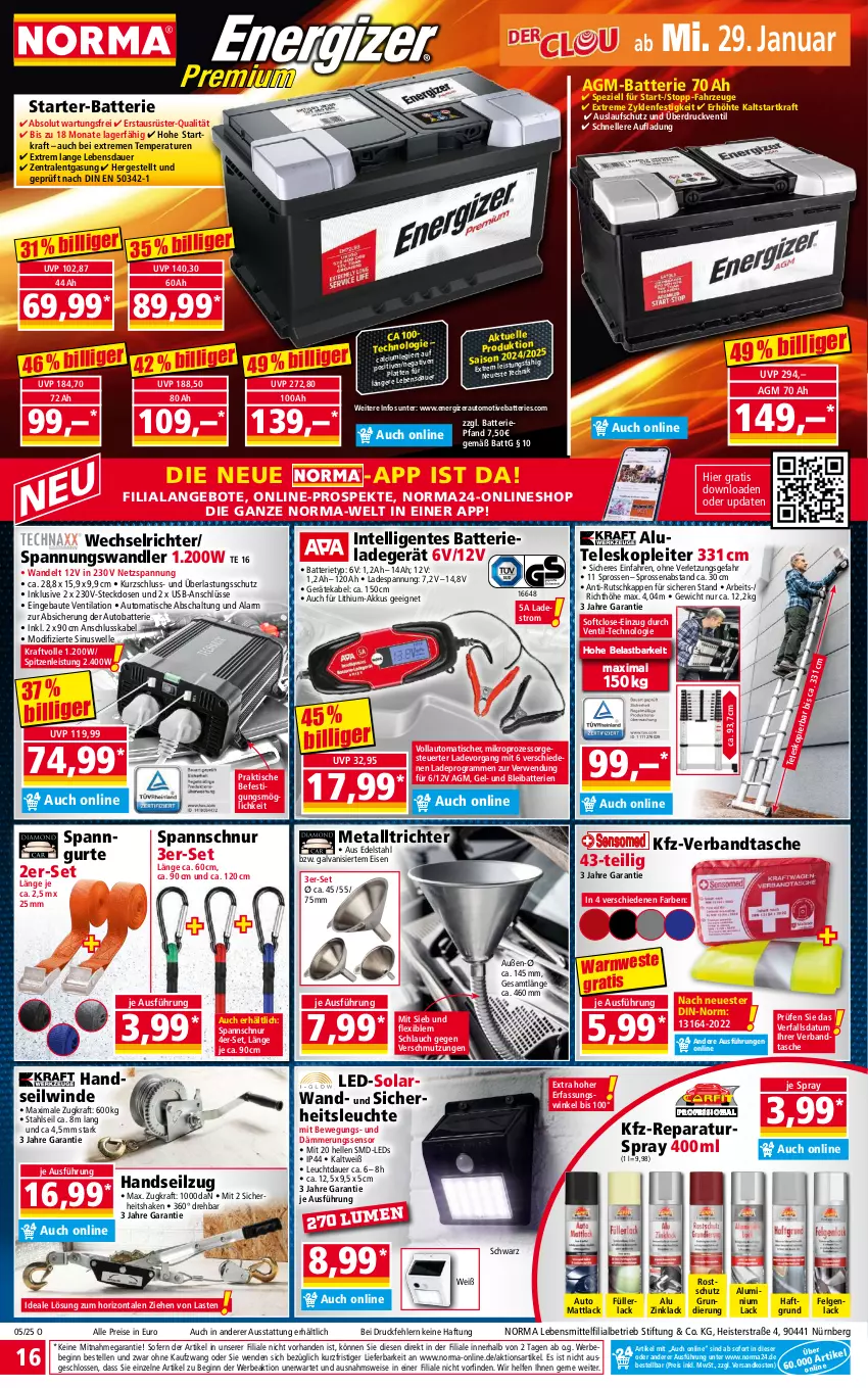 Aktueller Prospekt Norma - Norma - von 27.01 bis 03.02.2025 - strona 16 - produkty: akku, angebot, angebote, auer, auto, batterie, batterien, Bau, Bebe, Calcium, edelstahl, eis, elle, energizer, ente, felgen, gin, gsw, Intel, Intelligentes Batterieladegerät, kraft, lack, ladegerät, latte, lebensmittel, leds, Leuchte, LG, ndk, reis, rwe, Schal, schlauch, shake, steckdose, Tasche, Teleskop, Ti, tisch, usb