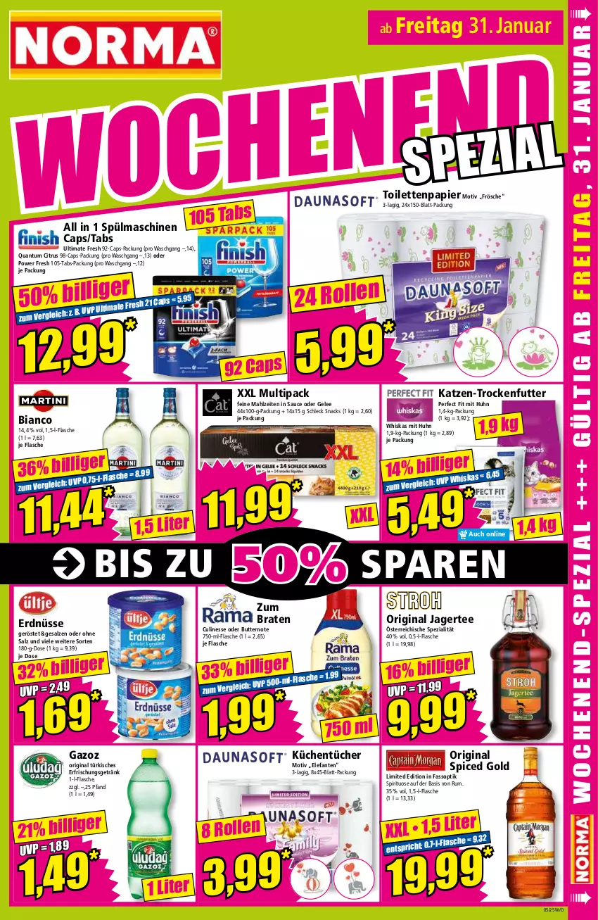 Aktueller Prospekt Norma - Norma - von 27.01 bis 03.02.2025 - strona 17 - produkty: braten, butter, Cap, citrus, culinesse, Elefant, erdnüsse, erfrischungsgetränk, flasche, gelee, getränk, gin, Jagertee, küche, Küchen, küchentücher, original spiced gold, papier, Perfect Fit, rum, salz, sauce, snack, snacks, Spezi, spülmaschinen, tee, Ti, toilettenpapier, trockenfutter, tücher, whiskas