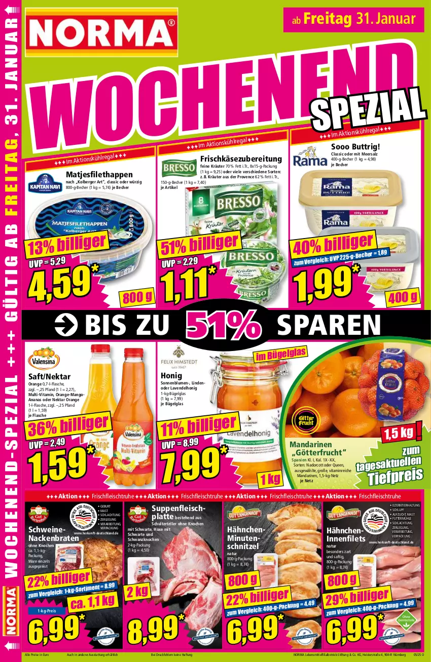 Aktueller Prospekt Norma - Norma - von 27.01 bis 03.02.2025 - strona 18 - produkty: ananas, axe, Becher, Berger, blume, blumen, braten, bügel, eis, elle, filet, filets, flasche, fleisch, frischkäse, frucht, Haxe, honig, HP, Käse, kräuter, latte, lavendel, lebensmittel, LG, mandarine, mandarinen, mango, matjes, Matjesfilet, meersalz, minutenschnitzel, natur, Nektar, orange, regal, reis, saft, salz, schnitzel, schwein, schweine, schweinenacken, sonnenblume, sonnenblumen, suppe, suppen, suppenfleisch, teller, Ti, tiefpreis, vita, wein, weine