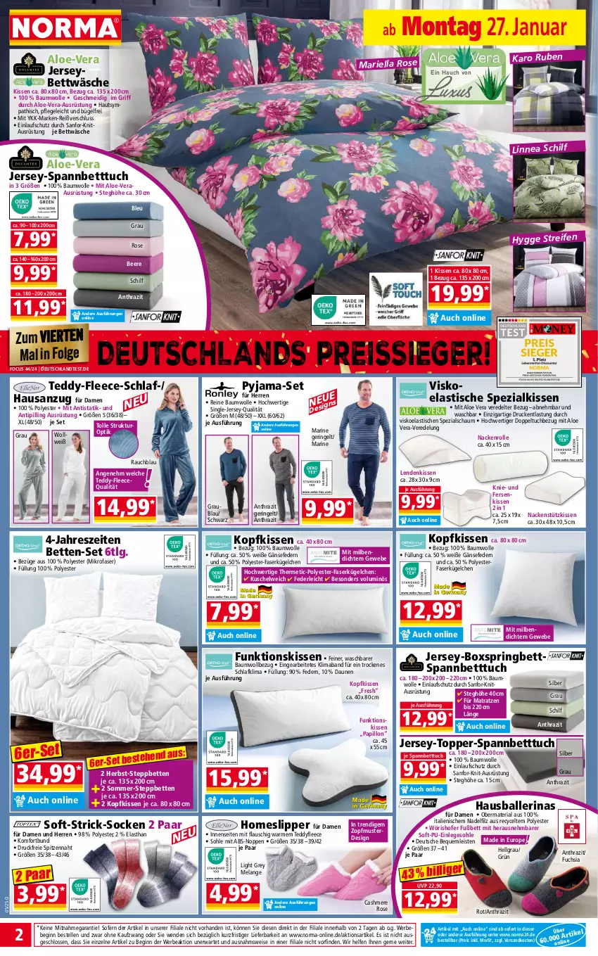 Aktueller Prospekt Norma - Norma - von 27.01 bis 03.02.2025 - strona 2 - produkty: aloe vera, Anzug, ariel, asti, ball, Ballerinas, Bau, baumwolle, Bebe, beere, bett, Betten, Betttuch, bettwäsche, boxspringbett, bügel, cashmere, eis, Elan, elle, erde, gin, jersey-spannbetttuch, kissen, kopfkissen, Kuschelweich, LG, mab, matratze, matratzen, mikrofaser, ndk, Pyjama, Rauch, reifen, reine baumwolle, reis, reiss, Ria, ring, slip, Slipper, socken, spannbetttuch, Spezi, steppbett, Ti, Tipi, tisch, topper, tuc, usb, wolle