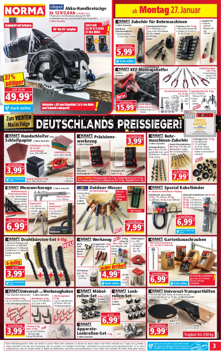 Aktueller Prospekt Norma - Norma - von 27.01 bis 03.02.2025 - strona 3 - produkty: adapter, akku, Akku-Handkreissäge, Bau, Bebe, bürste, bürsten, Draht, edelstahl, eier, eis, elle, Garten, gin, Handkreissäge, Handy, Hobby, Holz, kerze, ladegerät, latte, LG, messer, möbel, ndk, nuss, papier, reis, reiss, Ria, säge, Schleifpapier, schrauben, Schütze, schwamm, Spezi, Sport, Steckschlüsselsatz, Tasche, teller, Ti, tisch, Waage, wasser, weck, werkzeug, werkzeuge, Zangen