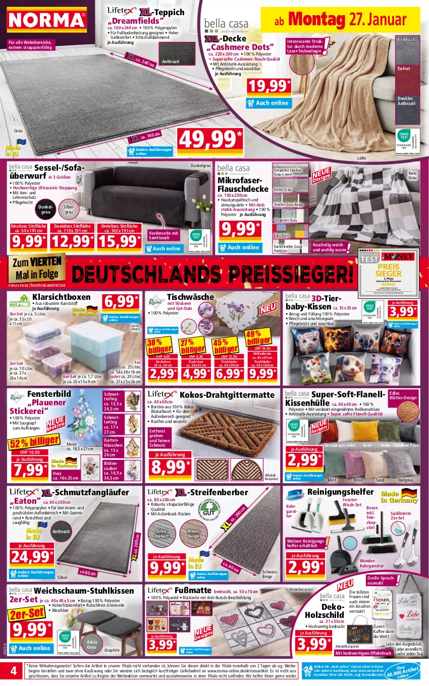 Aktueller Prospekt Norma - Norma - von 27.01 bis 03.02.2025 - strona 4 - produkty: Bebe, Blüte, braun, bürste, cashmere, creme, decke, dell, Draht, eis, elle, erde, espresso, fenster, Fußmatte, garnitur, Garten, gin, Holz, kaffee, Kehrgarnitur, kissen, kissenhülle, Klarsichtbox, kokos, latte, Läufer, LG, Mett, mint, mitteldecke, Mode, natur, ndk, reifen, Reinigung, reis, reiss, Ria, SANTE, Schal, Schmetterling, sekt, senf, sessel, Sofa, Sofaüberwurf, Spiele, stuhl, stuhlkissen, Teleskop, teleskopstiel, teppich, Ti, tisch, tischläufer, Tischwäsche, ZTE