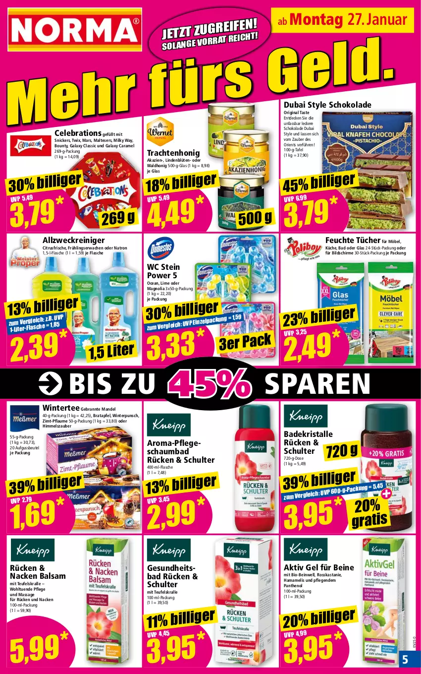 Aktueller Prospekt Norma - Norma - von 27.01 bis 03.02.2025 - strona 5 - produkty: aktiv gel, allzweckreiniger, apfel, Bad, Badekristalle, balsam, beutel, bio, Blüte, bounty, caramel, citrus, decke, feuchte tücher, flasche, Gesundheit, gin, hama, honig, küche, malteser, mam, mandel, mars, milky way, möbel, Panthenol, pflaume, reiniger, schaumbad, schirme, schoko, schokolade, snickers, tee, Ti, tücher, twix, weck