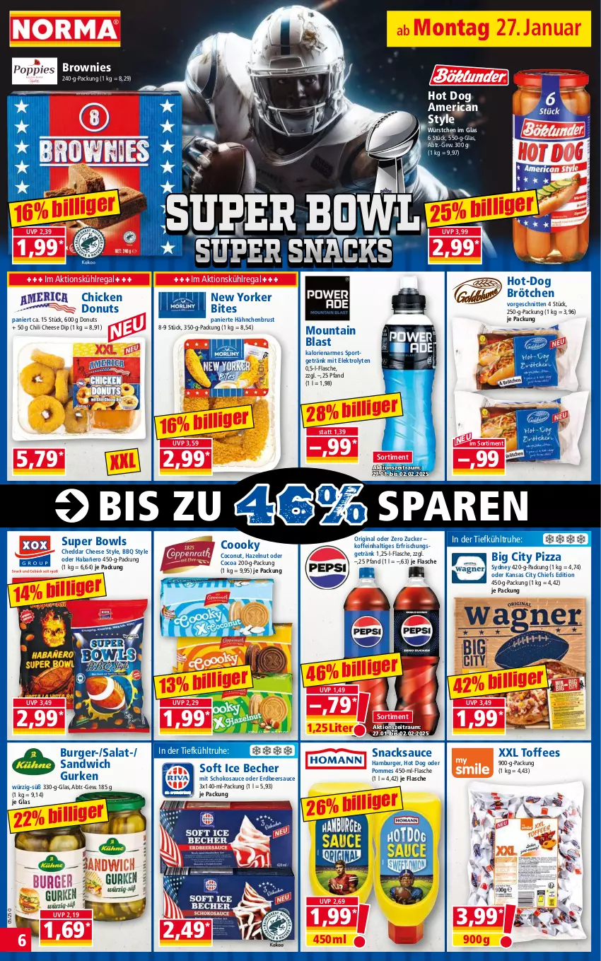 Aktueller Prospekt Norma - Norma - von 27.01 bis 03.02.2025 - strona 6 - produkty: Becher, bites, brötchen, brownie, brownies, burger, cheddar, chili, coconut, dip, Donut, donuts, Elektro, erfrischungsgetränk, flasche, getränk, gin, gurke, gurken, hähnchenbrust, hamburger, hot dog, kühlregal, pizza, pommes, regal, salat, sandwich, sauce, schnitten, schoko, snack, snacks, Sport, Ti, würstchen, Yo, zucker