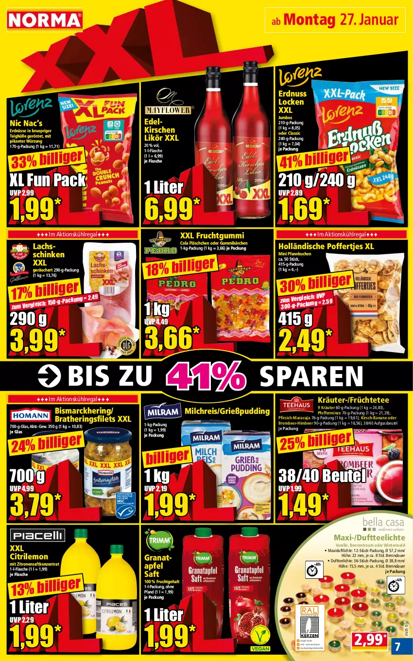 Aktueller Prospekt Norma - Norma - von 27.01 bis 03.02.2025 - strona 7 - produkty: apfel, auer, banane, beere, beeren, beutel, bismarck, cola, Duftteelichte, eis, erdnuss, erdnüsse, filet, filets, flasche, frucht, früchte, Früchtetee, fruchtgummi, grana, granatapfel, Grießpudding, hering, Herings, heringsfilets, himbeer, jumbo, kirsch, kirsche, kirschen, kräuter, kuchen, kühlregal, lachs, likör, maracuja, milch, milchreis, minze, nuss, Pfannkuchen, pfeffer, pfefferminze, pfirsich, Poffertjes, pudding, Rana, regal, reis, ring, saft, schinken, tee, Teelicht, teelichte, Ti, vanille, zitrone, zitronen, zitronensaft