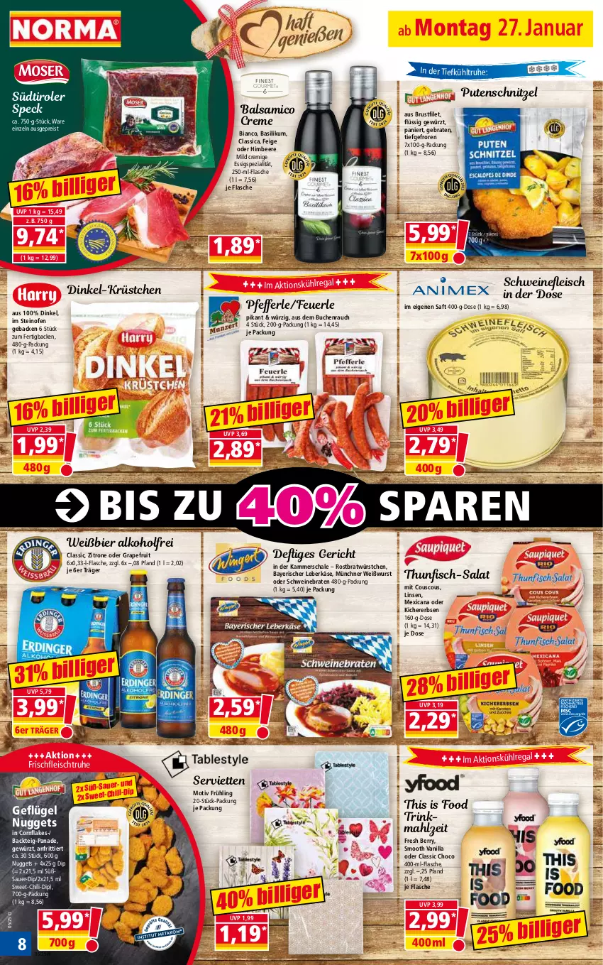 Aktueller Prospekt Norma - Norma - von 27.01 bis 03.02.2025 - strona 8 - produkty: alkohol, auer, balsam, balsamico, basilikum, beere, bier, braten, brustfilet, buch, chili, couscous, creme, dip, eis, erbsen, essig, filet, fisch, flakes, flasche, fleisch, geback, Geflügel, gewürz, grapefruit, himbeer, himbeere, Käse, kichererbsen, kühlregal, leberkäs, leberkäse, linsen, nuggets, Ofen, pfeffer, pute, putenschnitzel, Rauch, regal, reis, saft, salat, Schal, Schale, schnitzel, schwein, schweine, schweinebraten, schweinefleisch, Serviette, servietten, Speck, Spezi, steinofen, südtiroler, thunfisch, Ti, wein, weine, Weißwurst, wurst, würstchen, zitrone