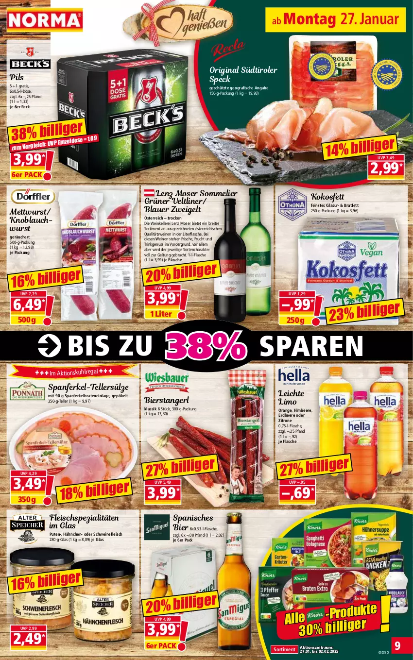 Aktueller Prospekt Norma - Norma - von 27.01 bis 03.02.2025 - strona 9 - produkty: auer, beere, bier, blauer zweigelt, braten, Brei, eis, elle, erdbeere, fisch, fische, flasche, fleisch, frucht, gin, grüner veltliner, himbeer, himbeere, knoblauch, kokos, Kokosfett, kühlregal, Lenz Moser, limo, Mett, mettwurst, moser, nuss, orange, pils, pute, qualitätswein, qualitätsweine, regal, schwein, schweine, schweinefleisch, Speck, Spezi, südtiroler, teller, Ti, wein, weine, wurst, zitrone, ZTE, Zweigelt