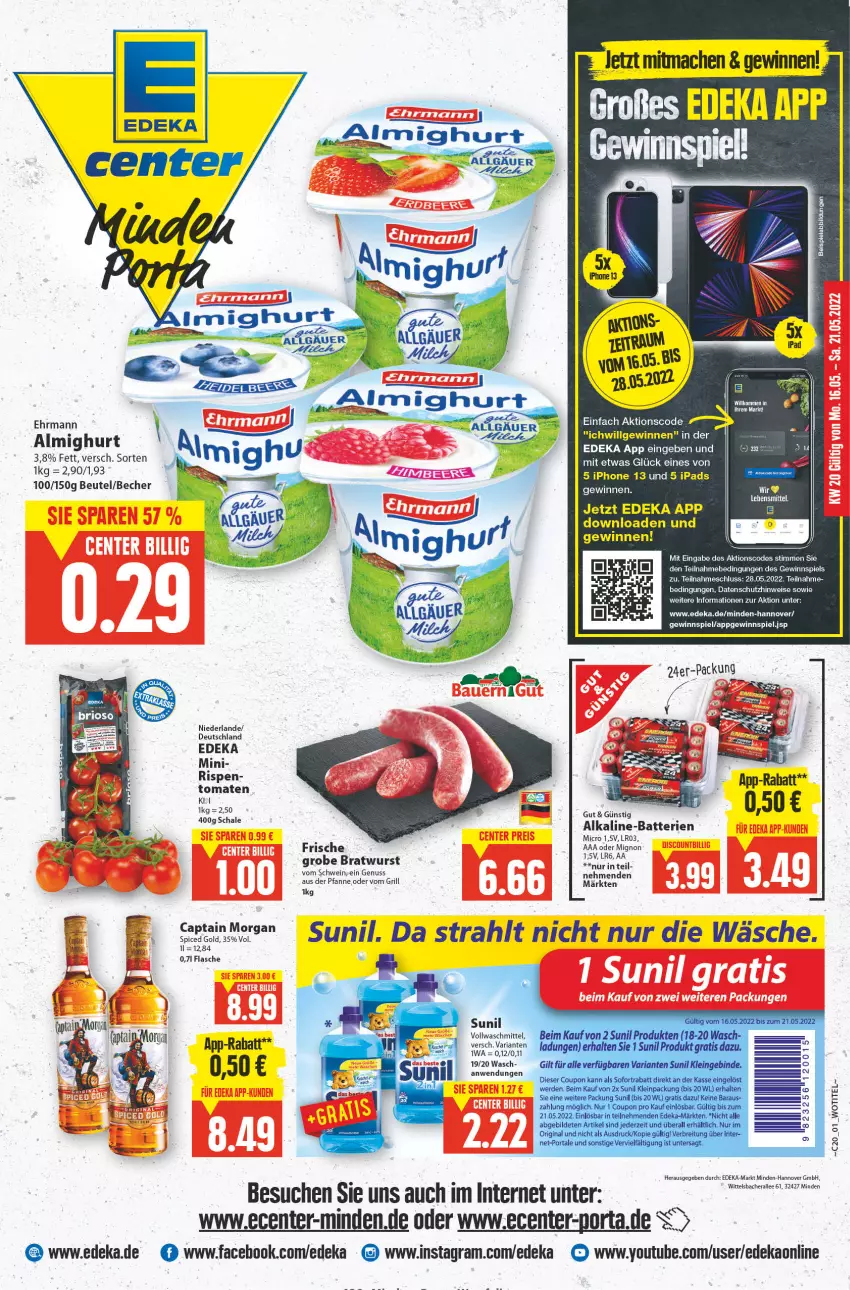 Aktueller Prospekt E Center - Angebote der Woche - von 16.05 bis 21.05.2022 - strona 1 - produkty: almighur, almighurt, batterie, batterien, Becher, beispielabbildung, beutel, bratwurst, Cap, deka, ehrmann, ehrmann almighurt, eis, ente, flasche, gewinnspiel, grill, grobe bratwurst, ipad, iphone, IPhone 13, LG, mac, nuss, pfanne, Ria, Schal, Schale, schwein, sunil, Ti, tomate, tomaten, vollwaschmittel, waschmittel, wein, wurst, Yo