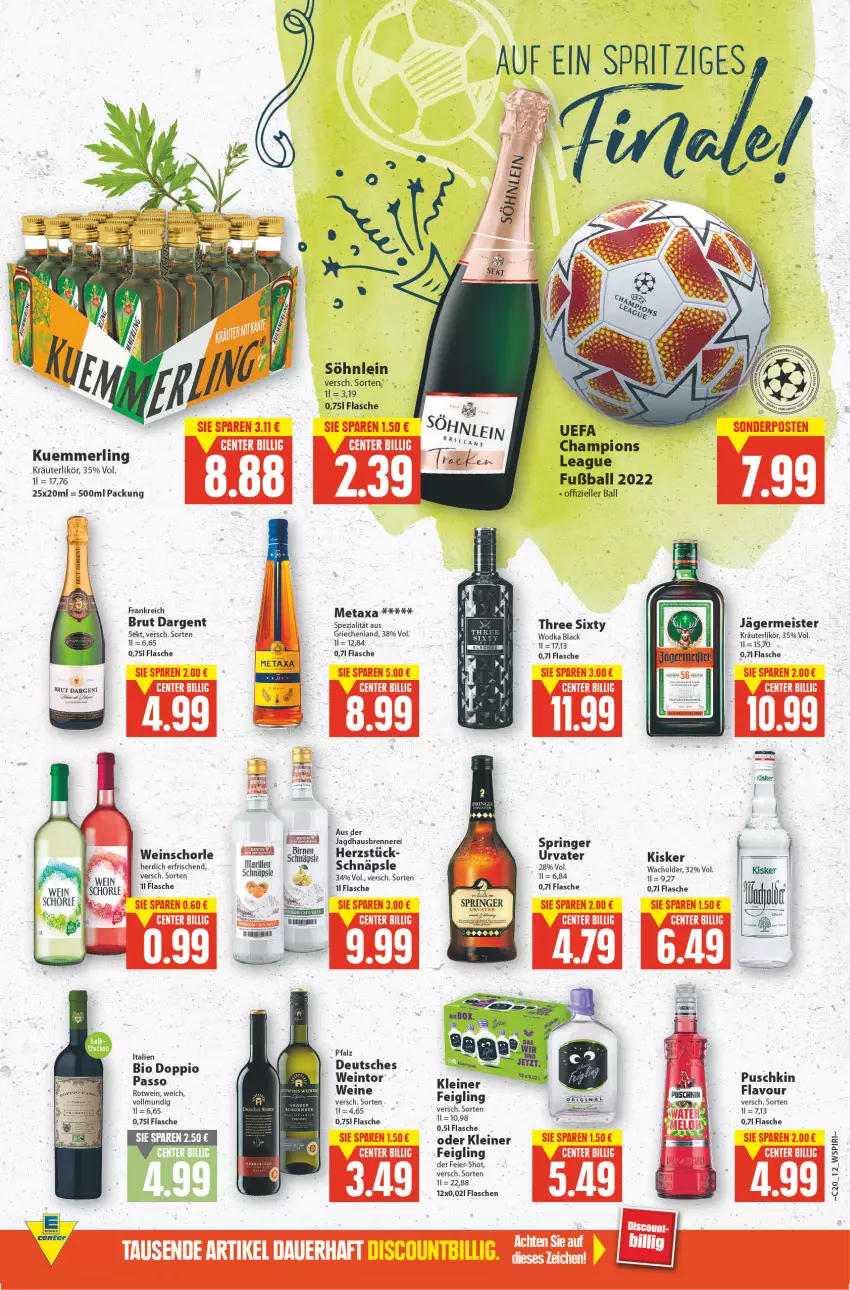 Aktueller Prospekt E Center - Angebote der Woche - von 16.05 bis 21.05.2022 - strona 11 - produkty: ball, bio, brut, brut dargent, champion, doppio passo, eier, eis, elle, flasche, Germ, jägermeister, kleiner feigling, kräuter, kräuterlikör, lack, leine, likör, mam, Meister, Metaxa, passo, ring, rotwein, schorle, sekt, söhnlein, Spezi, Three Sixty, urvater, usb, wein, weine, wodka