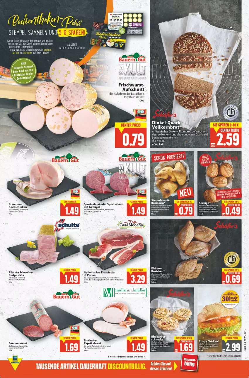 Aktueller Prospekt E Center - Angebote der Woche - von 16.05 bis 21.05.2022 - strona 5 - produkty: auer, aufschnitt, bio, blume, blumen, broccoli, brot, brötchen, creme, filet, Geflügel, gin, Hefe, kochschinken, korn, Kornbrot, krone, leine, mac, Müller, nuss, Ofen, olive, oliven, olivenöl, paprika, pastete, prosciutto, Prosciutto di Parma, quark, rhabarber, rosmarin, saft, salami, schinken, schnitten, schwein, schweine, sesam, sonnenblume, sonnenblumen, Sonnenblumenkerne, sonnenblumenkernen, Spezi, Sport, steinofen, Ti, tisch, truthahn, tuc, vollkornbrot, wein, weine, weizenbrötchen, wurst