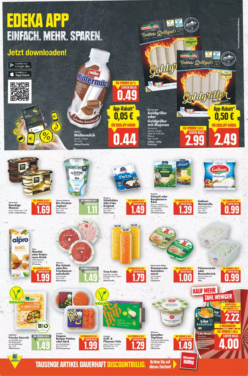 Aktueller Prospekt E Center - Angebote der Woche - von 16.05 bis 21.05.2022 - strona 8 - produkty: alpro, auer, aufschnitt, aufstrich, aus dem kühlregal, Bau, Bauer, bauerngut, Becher, bergader, beutel, bio, Bio-Salami, bratwurst, brot, brotaufstrich, burger, creme, deka, drink, ente, feta, flasche, galbani, gin, gnocchi, grill, hartweizen, Hausmacher, ideal für grill, kartoffel, kartoffeln, Käse, kokos, kühlregal, mac, mandel, milch, mousse, Müller, müllermilch, natur, nuss, pfanne, Pommersche, regal, rel, rügenwalder, rügenwalder mühle, salami, schafskäse, schnittkäse, Ti, Töpfchen, true fruits, wiltmann, wurst