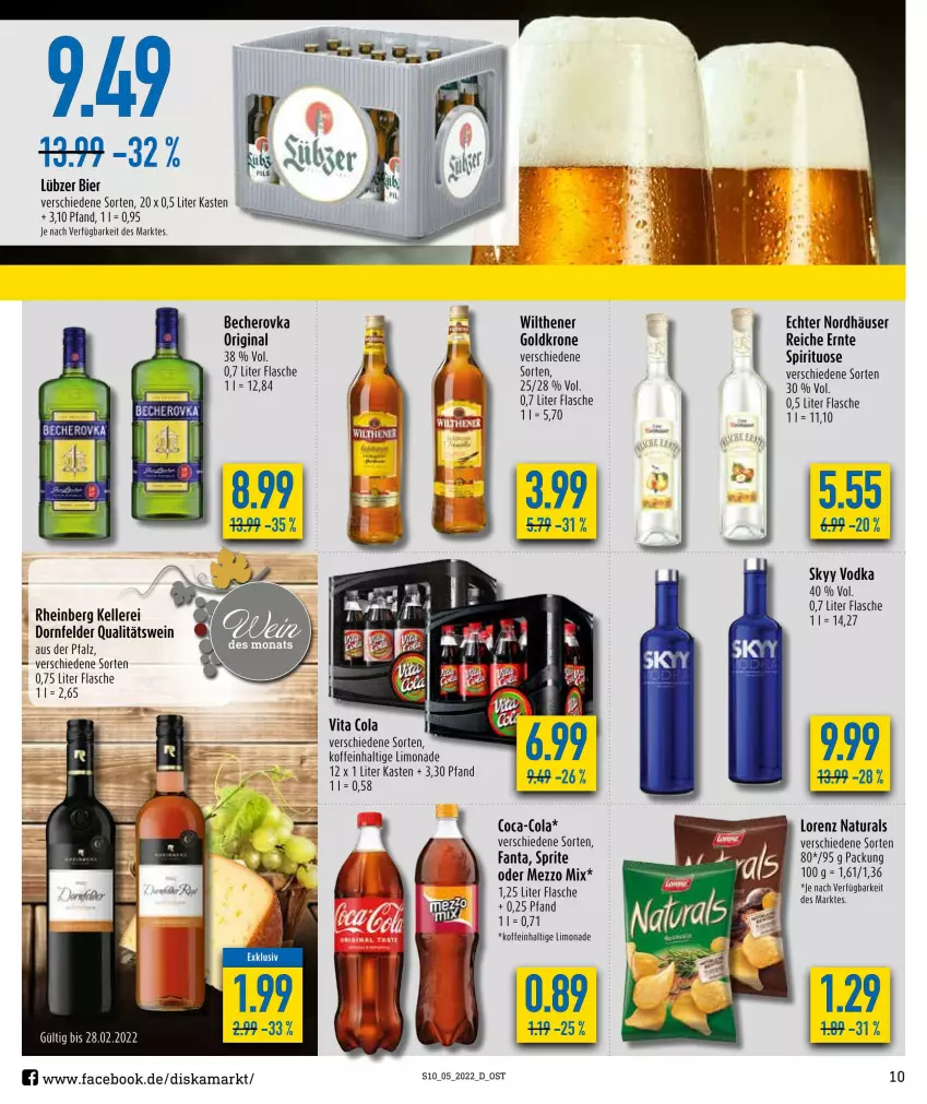 Aktueller Prospekt Diska - Prospekte - von 31.01 bis 05.02.2022 - strona 10 - produkty: Becher, Becherovka, bier, cola, dornfelder, elle, fanta, flasche, gin, goldkrone, hero, krone, limo, limonade, lorenz, Mezzo Mix, natur, natura, qualitätswein, skyy, Skyy Vodka, sprite, Ti, vita, Vita C, vodka, wein, wilthener