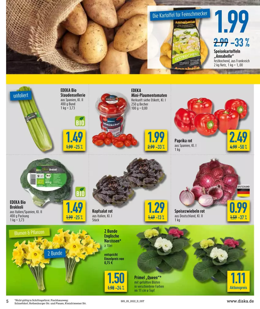 Aktueller Prospekt Diska - Prospekte - von 31.01 bis 05.02.2022 - strona 5 - produkty: aktionspreis, Becher, bio, Blüte, brokkoli, burger, deka, edeka bio, eis, elle, fisch, kartoffel, kartoffeln, kopfsalat, Narzissen, paprika, paprika rot, reis, salat, speisekartoffeln, Speisezwiebeln, stauden, Ti, tomate, tomaten, topf, zwiebel, zwiebeln