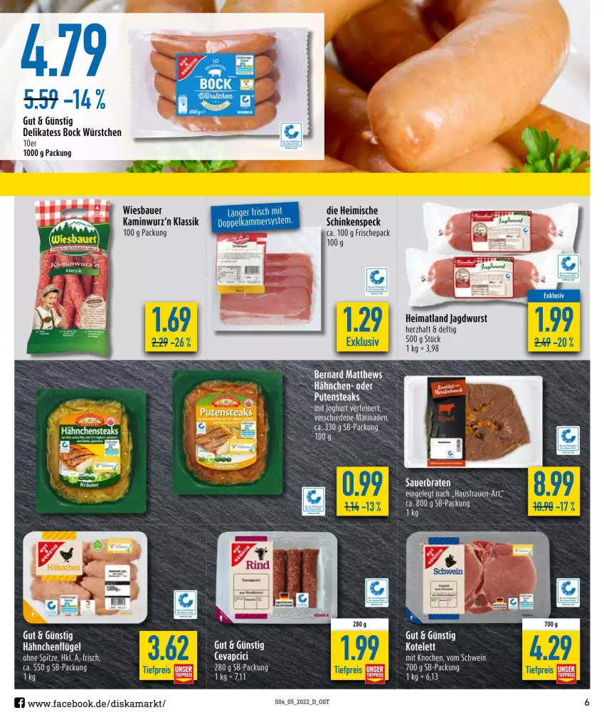 Aktueller Prospekt Diska - Prospekte - von 31.01 bis 05.02.2022 - strona 6 - produkty: auer, Bau, Bauer, bett, eis, ente, hähnchenflügel, jagdwurst, joghur, joghurt, Kamin, Kaminwurz, kotelett, pute, putensteaks, reis, schinken, schinkenspeck, Speck, steak, steaks, Ti, wiesbauer, wurst, würstchen