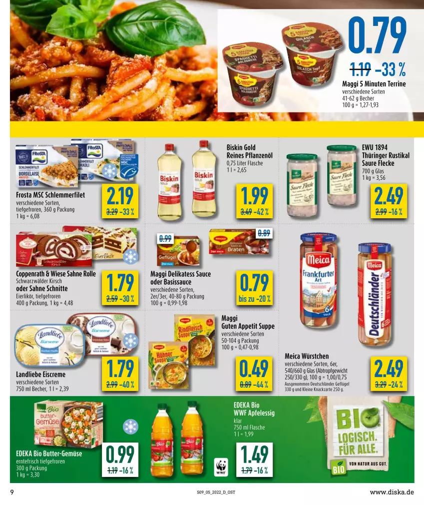 Aktueller Prospekt Diska - Prospekte - von 31.01 bis 05.02.2022 - strona 9 - produkty: apfel, apfelessig, Becher, bio, coppenrath, creme, deka, delikatess sauce, edeka bio, eier, eierlikör, eis, eiscreme, essig, filet, flasche, frosta, Geflügel, kirsch, landliebe, landliebe eiscreme, leine, likör, maggi, meica, natur, pflanze, pflanzen, Pflanzenöl, ring, sahne, sauce, schlemmerfilet, suppe, terrine, Ti, würstchen