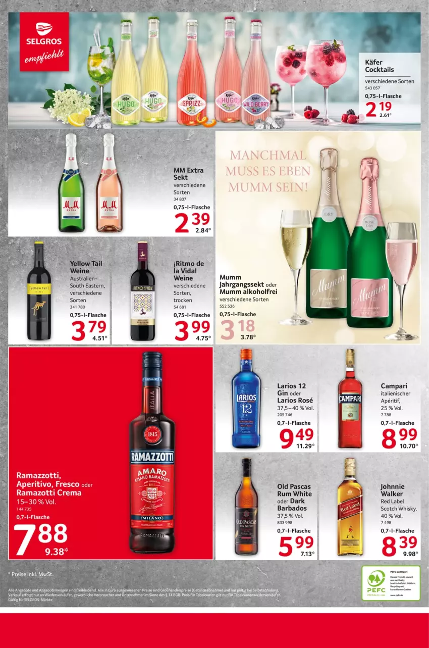 Aktueller Prospekt Selgros - Food - von 28.03 bis 03.04.2024 - strona 12 - produkty: alkohol, aperitif, aust, Bad, campari, cocktail, cocktails, eis, flasche, gin, jahrgangssekt, käfer, LG, mumm, Rauch, reis, rum, scotch, scotch whisky, sekt, Ti, wein, weine, whisky