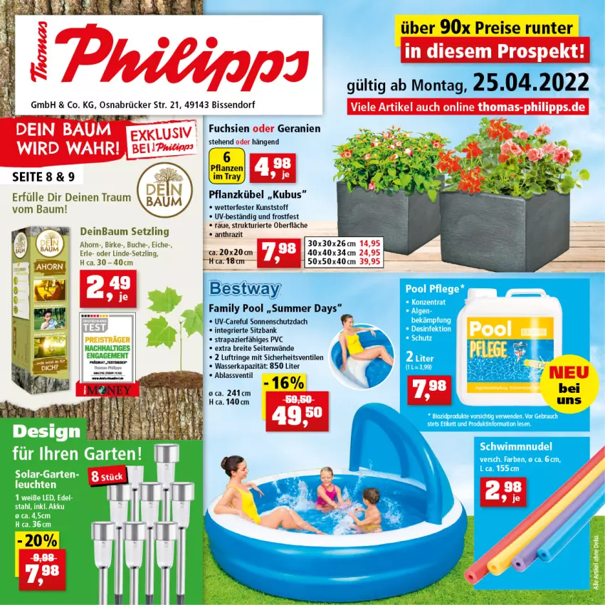 Aktueller Prospekt Thomas Philipps - Prospektwerbung - von 25.04 bis 30.04.2022 - strona 1 - produkty: Bank, Bau, bestway, Brei, buch, eis, family pool, geranie, geranien, pool, reis, ring, sitzbank, sonnenschutz, Ti, wasser