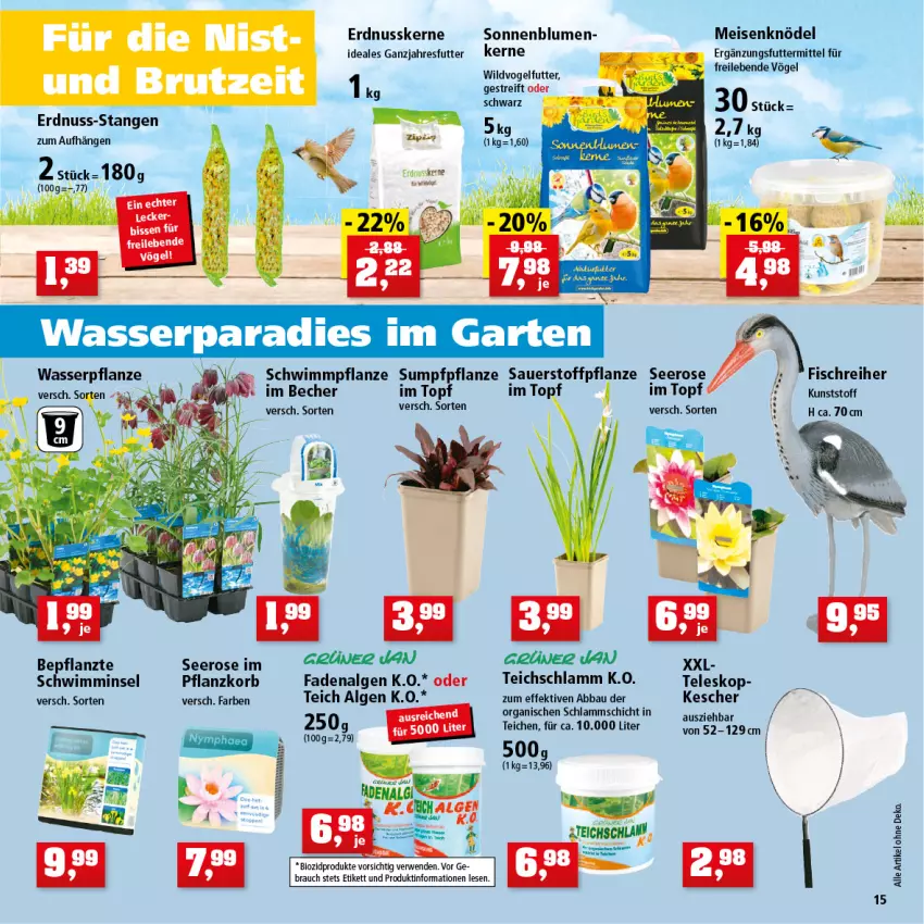 Aktueller Prospekt Thomas Philipps - Prospektwerbung - von 25.04 bis 30.04.2022 - strona 15 - produkty: auer, Becher, bio, biozidprodukte, blume, blumen, deka, eis, erdnuss, fisch, grüner jan, Kescher, Knödel, korb, lamm, LG, Meisenknödel, nuss, pflanze, Rauch, rwe, sonnenblume, sonnenblumen, Teleskop, Ti, topf, Vogelfutter, Wild, ZTE