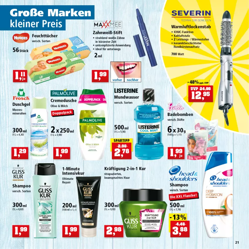 Aktueller Prospekt Thomas Philipps - Prospektwerbung - von 25.04 bis 30.04.2022 - strona 21 - produkty: Bad, creme, cremedusche, dusche, eis, feuchttücher, Frosch, gliss, leine, milch, olive, reis, rwe, Schere, shampoo, Ti, tücher