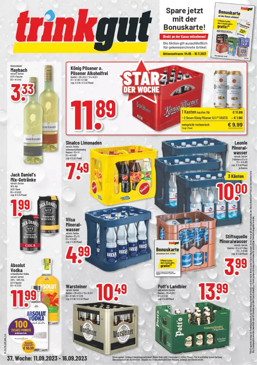 Aktueller Prospekt Trinkgut - von 11.09 bis 16.09.2023 - strona 1 - produkty: alkohol, Alwa, angebot, angebotspreis, bier, deka, deutschlandcard, eis, elle, erde, flasche, getränk, getränke, jack daniel, Jack Daniel’s, könig pilsener, LG, limo, limonade, limonaden, mineralwasser, pils, pilsener, reis, sinalco, steiner, Ti, uhr, vilsa, vodka, warsteiner, wasser