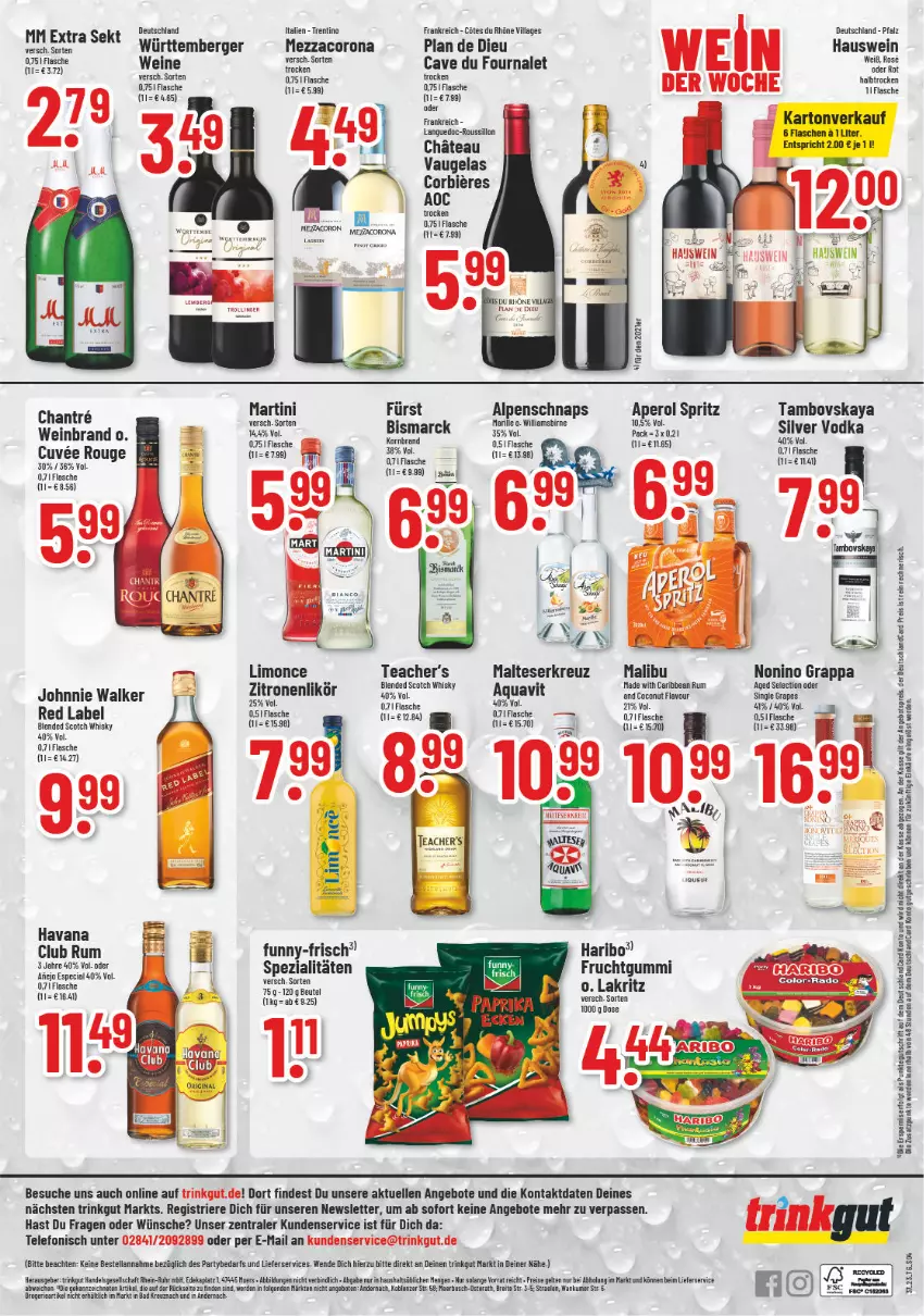 Aktueller Prospekt Trinkgut - von 11.09 bis 16.09.2023 - strona 4 - produkty: angebot, angebote, aperol, aqua, aquavit, Bad, Bank, Berger, beutel, bier, Biere, blended scotch, blended scotch whisky, Brei, coconut, corona, deka, eis, elle, erde, flasche, frucht, fruchtgummi, funny-frisch, grappa, haribo, johnnie walker, korn, Lakritz, LG, lieferservice, likör, limo, Malibu, malteser, martini, mezzacorona, mm extra, reis, rouge, rum, scotch, scotch whisky, sekt, Spezi, telefon, Ti, trolli, trollinger, uhr, wein, weinbrand, weine, whisky, zitrone, zitronen