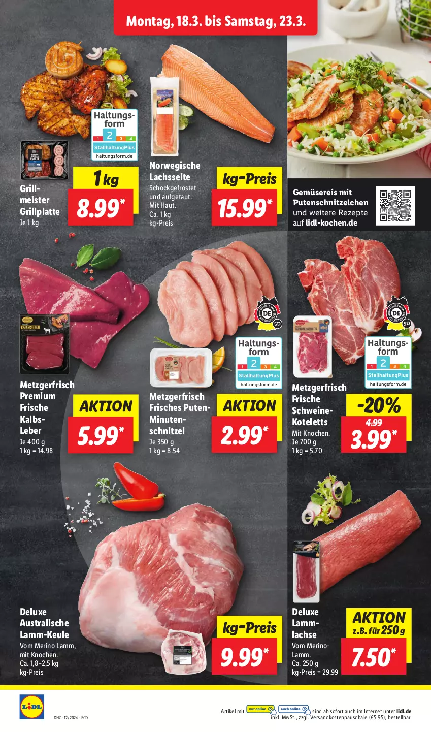 Aktueller Prospekt Lidl - Aktionsprospekt - von 18.03 bis 23.03.2024 - strona 10 - produkty: aust, eis, grill, grillplatte, Kalbsleber, kotelett, lachs, lamm, lammlachse, latte, Meister, minutenschnitzel, ndk, pute, putenschnitzel, reis, rezept, rezepte, rwe, Schal, Schale, schnitzel, schwein, schweine, schweinekotelett, Ti, wein, weine