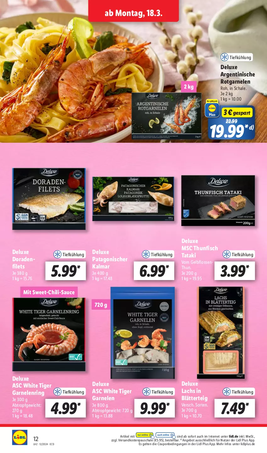 Aktueller Prospekt Lidl - Aktionsprospekt - von 18.03 bis 23.03.2024 - strona 16 - produkty: angebot, blätterteig, chili, coupon, Dorade, filet, filets, fisch, garnelen, lachs, ndk, ring, sauce, Schal, Schale, Sweet-Chili-Sauce, thunfisch, Ti