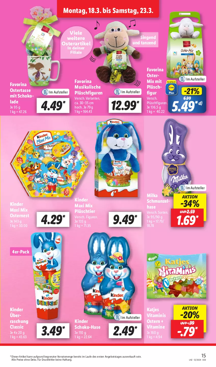 Aktueller Prospekt Lidl - Aktionsprospekt - von 18.03 bis 23.03.2024 - strona 21 - produkty: angebot, eis, elle, katjes, Kinder, Kinder Maxi, milka, Plüsch, reis, Ria, schoko, schokolade, tasse, teller, Ti, vita, Vitamine, ZTE