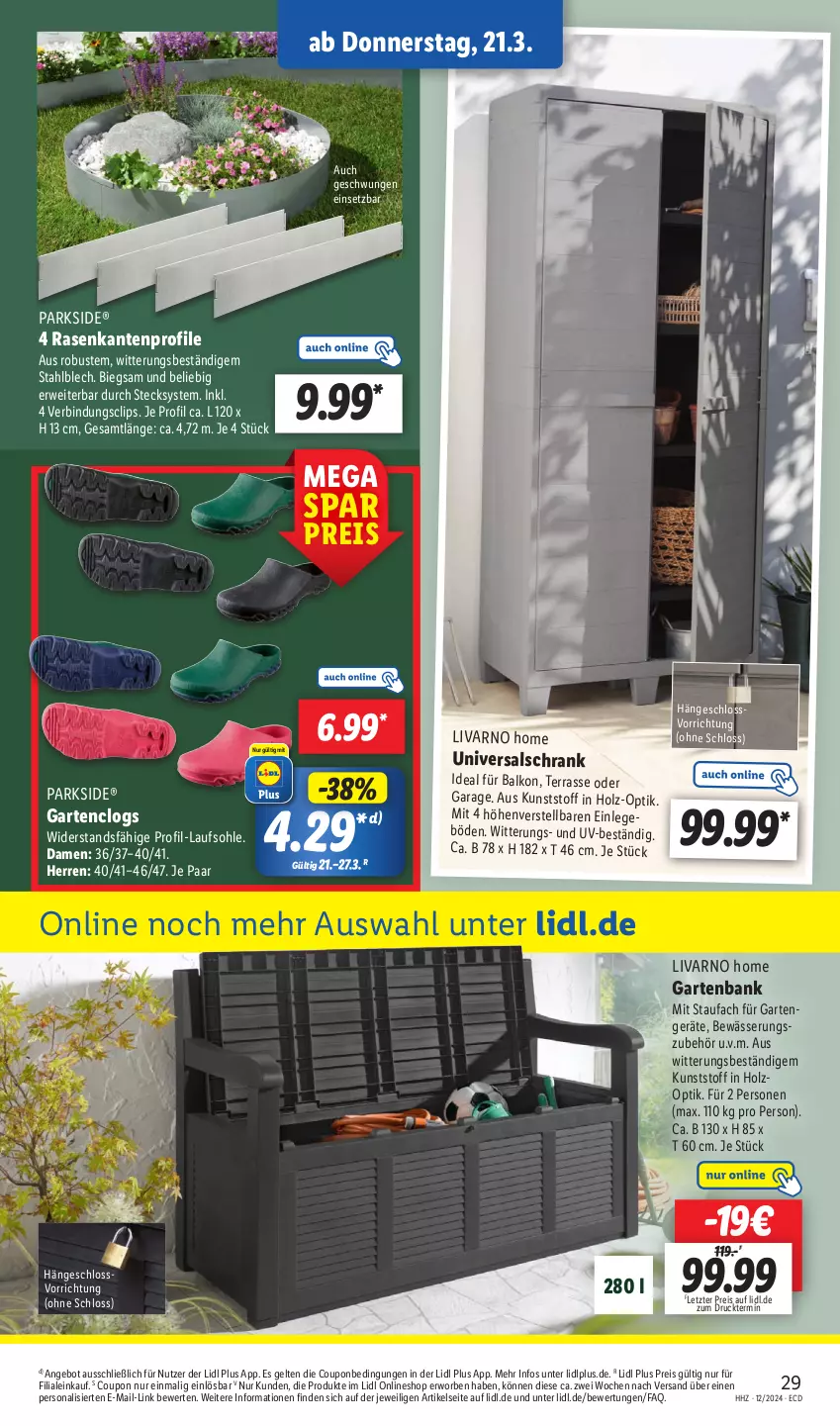 Aktueller Prospekt Lidl - Aktionsprospekt - von 18.03 bis 23.03.2024 - strona 39 - produkty: angebot, Bank, Clogs, coupon, eis, Garten, gartenbank, Holz, Parkside, Persona, rasen, reis, rwe, Schrank, Ti, ZTE