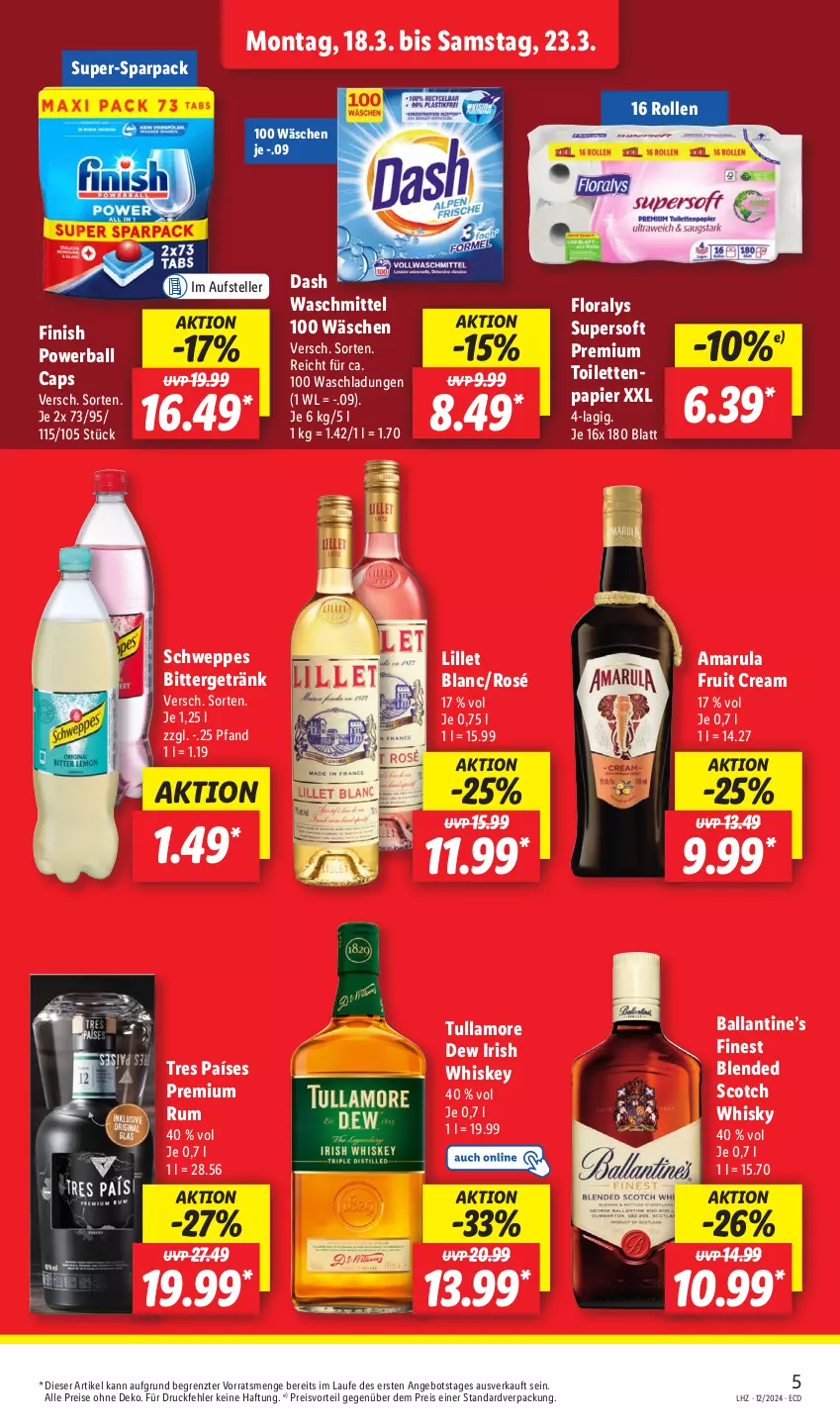 Aktueller Prospekt Lidl - Aktionsprospekt - von 18.03 bis 23.03.2024 - strona 5 - produkty: amarula, angebot, ball, blended scotch, blended scotch whisky, Cap, eis, elle, Finish, Floralys, getränk, irish whiskey, lillet, papier, powerball, preisvorteil, reis, rum, schweppes, scotch, scotch whisky, teller, Ti, toilettenpapier, tullamore, tullamore dew, waschmittel, whiskey, whisky, ZTE